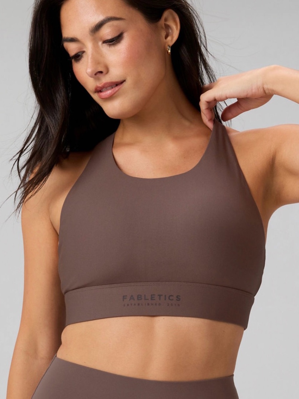 Fabletics High-Neck Sports Bra in Chocolate Brown